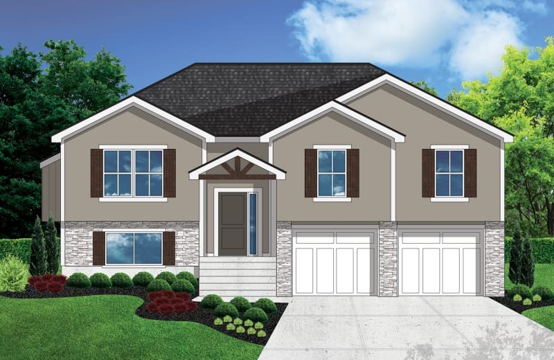 A drawing of a house with two garage doors.