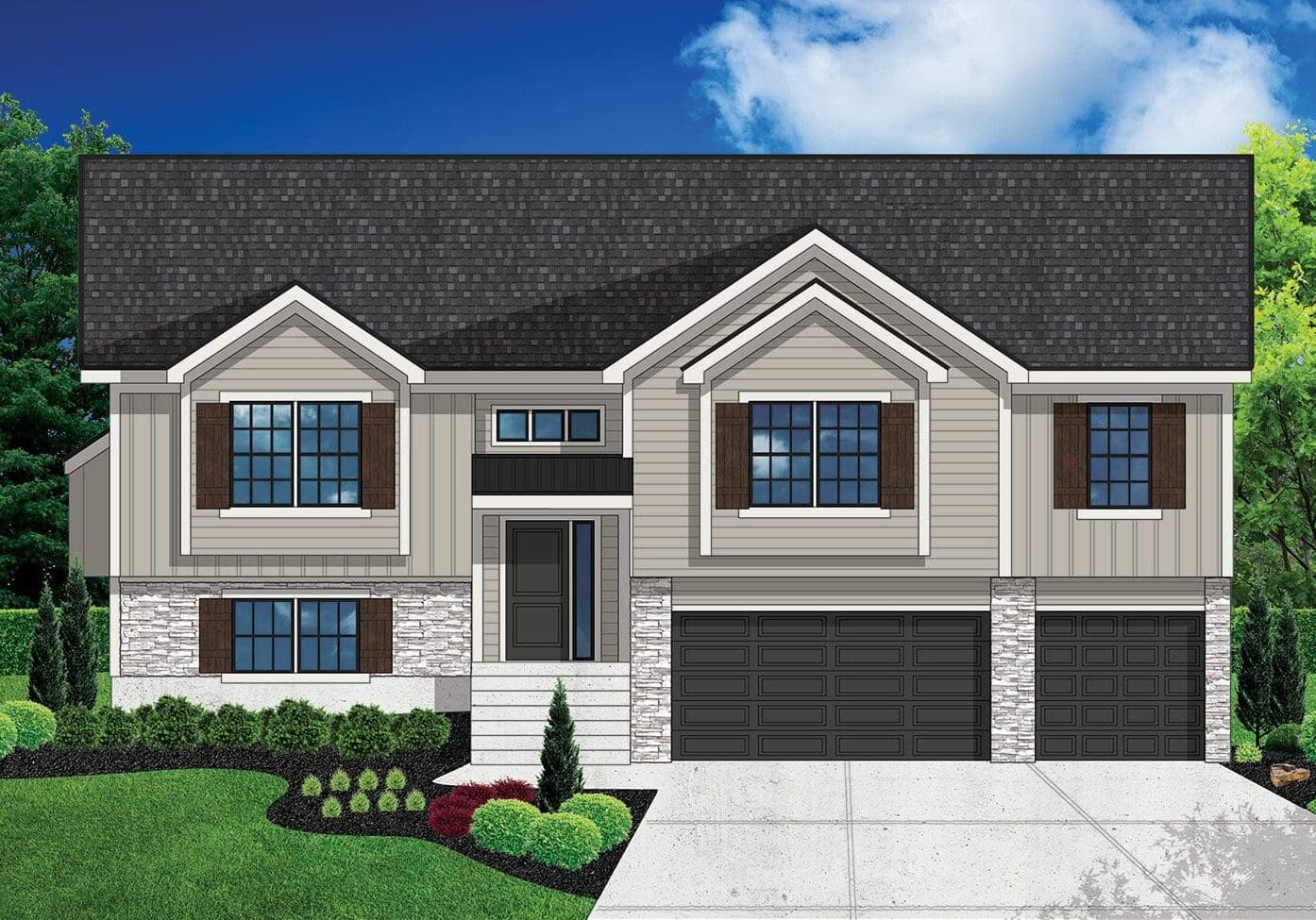 A drawing of a house with a garage door.